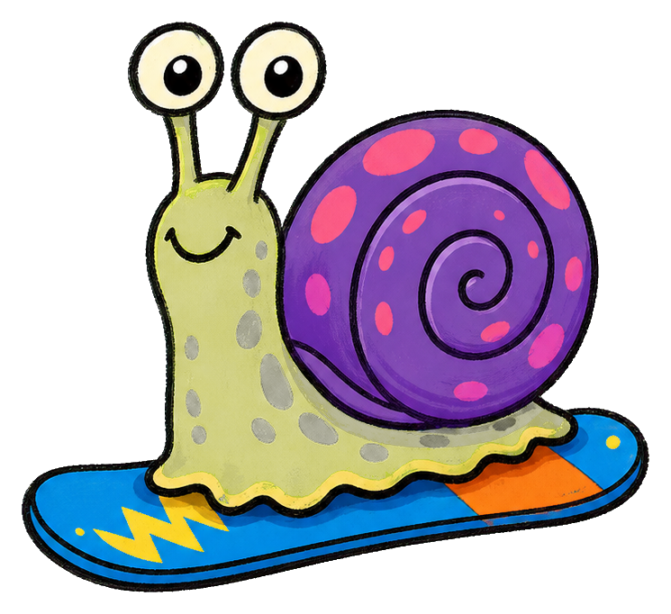 Wacky cartoon snail riding a blue snowboard with a purple spiral shell.