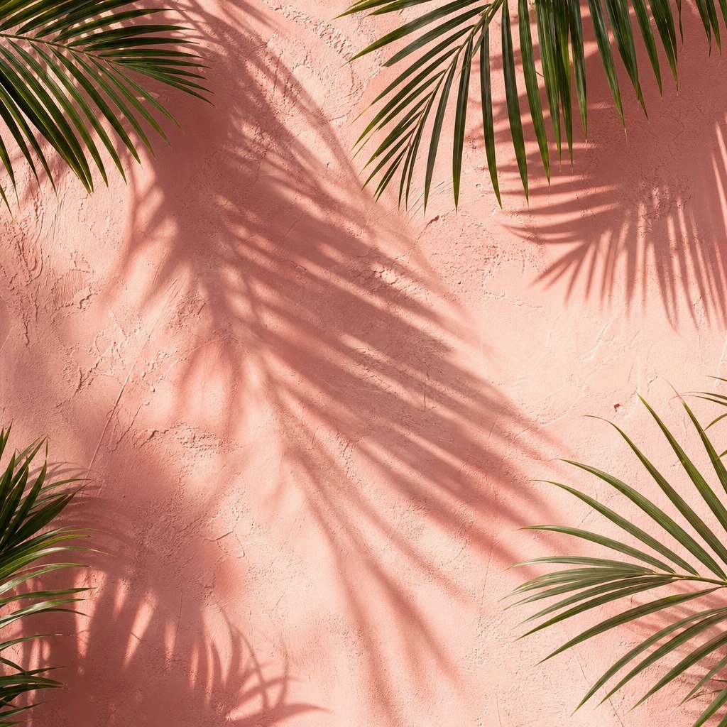 Pink clay background with palm leaf shadows cast across the surface