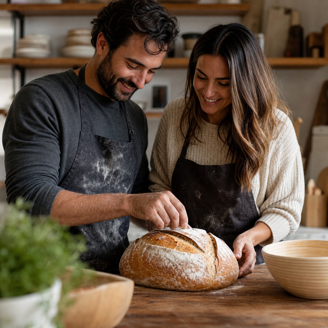 Smiling couple baking bread together in a warm kitchen