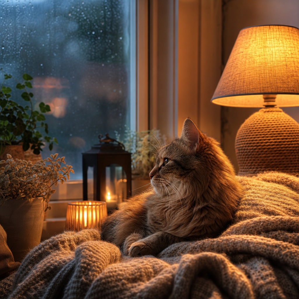 Fluffy cat sitting on a blanket beside a glowing lamp and candles near a window at dusk.