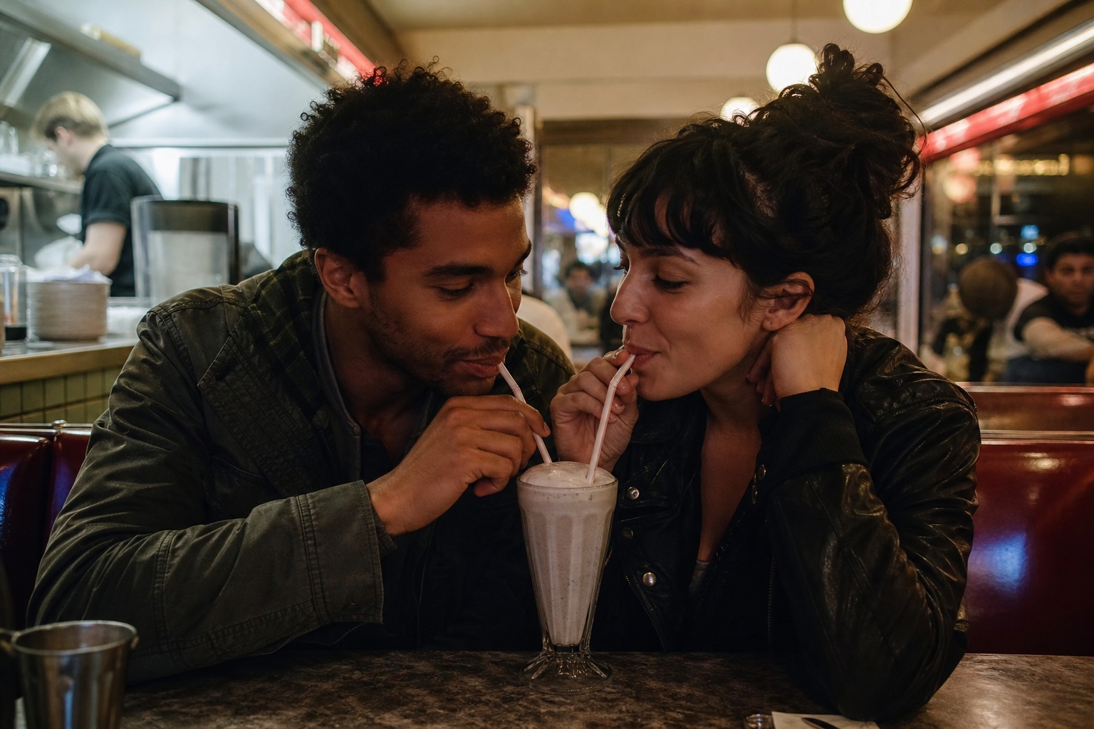 Two people sharing a milkshake at a late-night diner counter