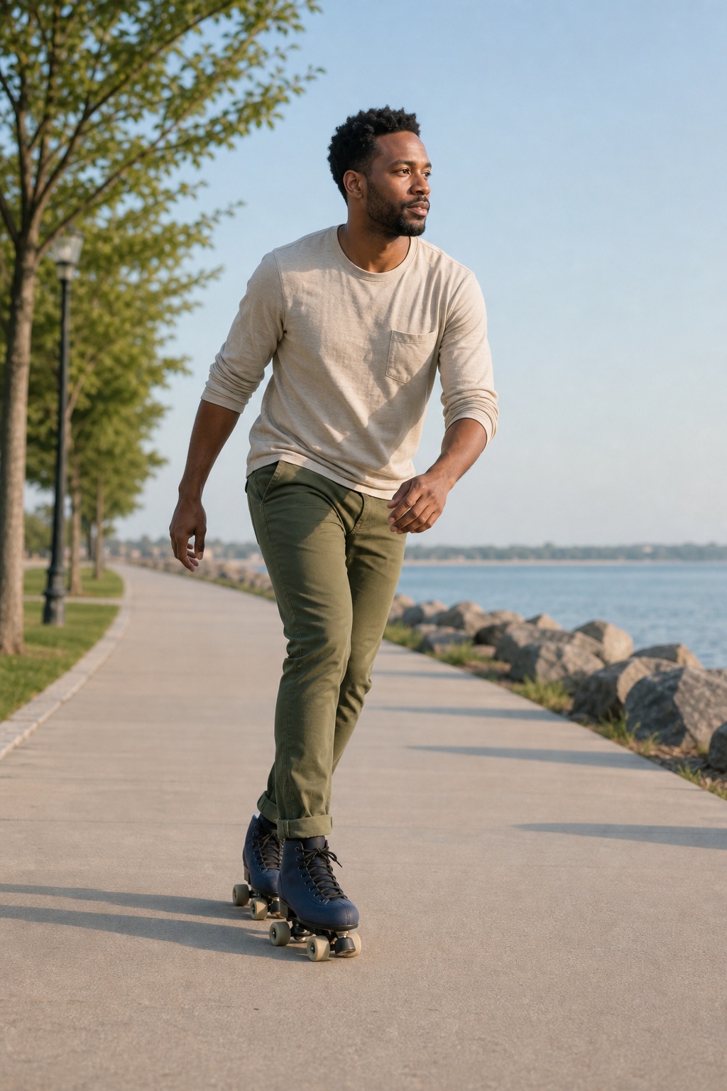 Man wearing quad skates rolling along a waterfront path beside rocks and trees