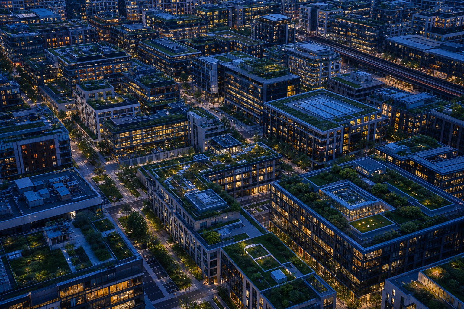Aerial view of a modern city grid with green rooftops at blue hour.
