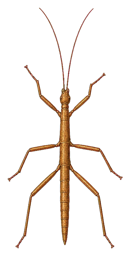 Vintage-style illustration of a long stick insect with thin legs and antennae.