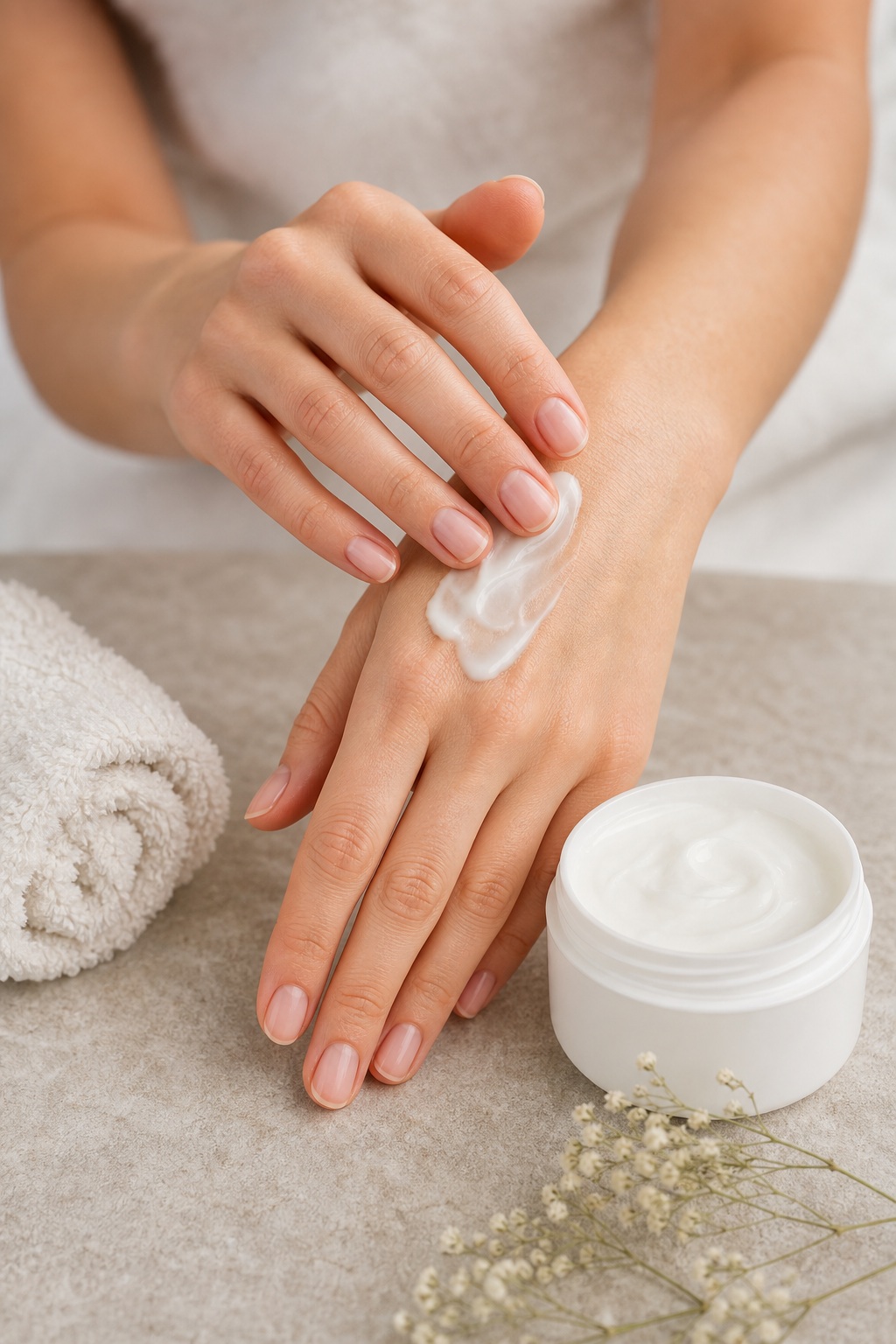Hands applying lotion beside a cream jar, towel, and dried flowers