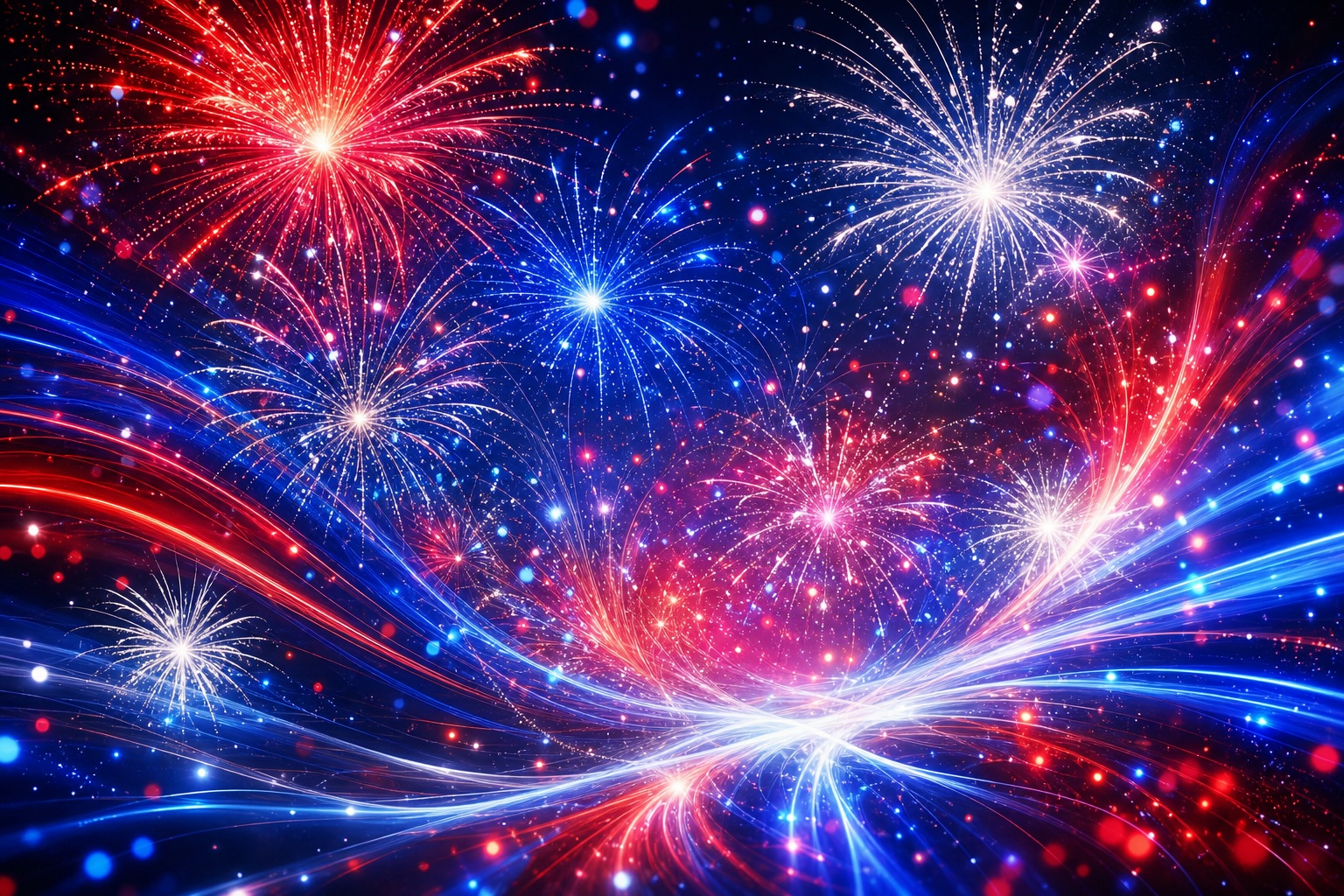 Abstract red, white, and blue fireworks bursting across a dark background