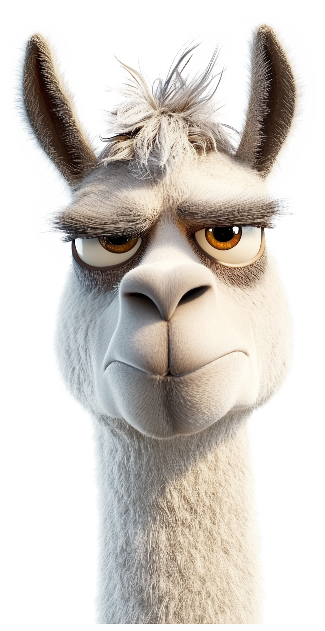 Front-facing llama face with sleepy eyes and fluffy ears.