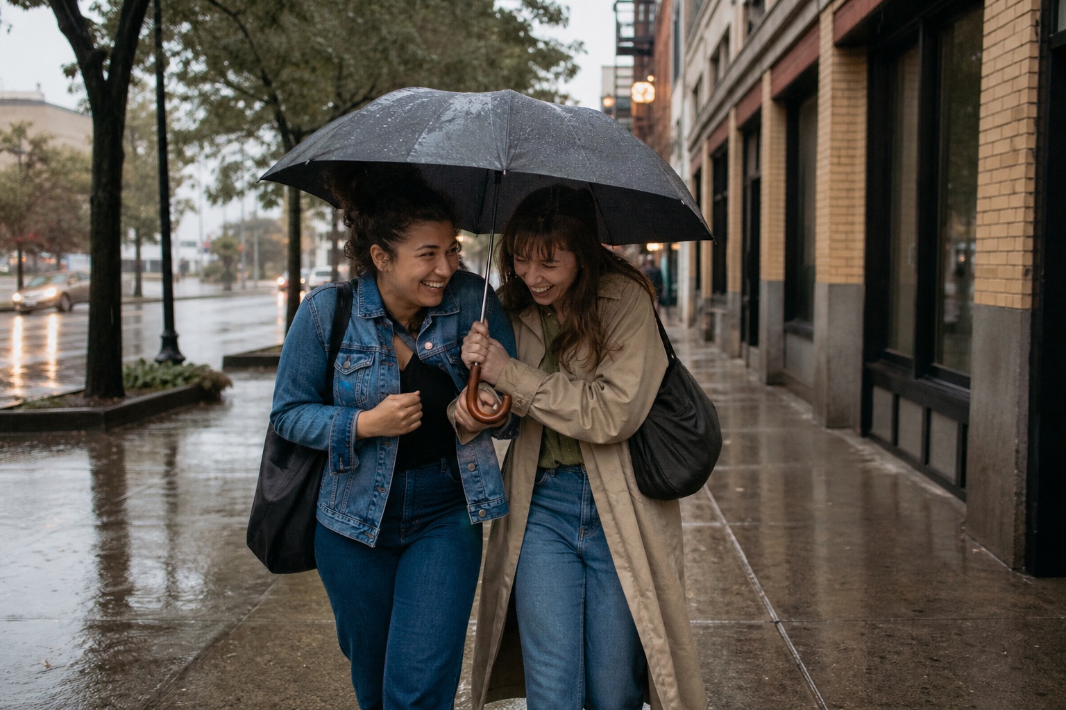 Two people walk under an umbrella on a rainy city sidewalk beside wet pavement.