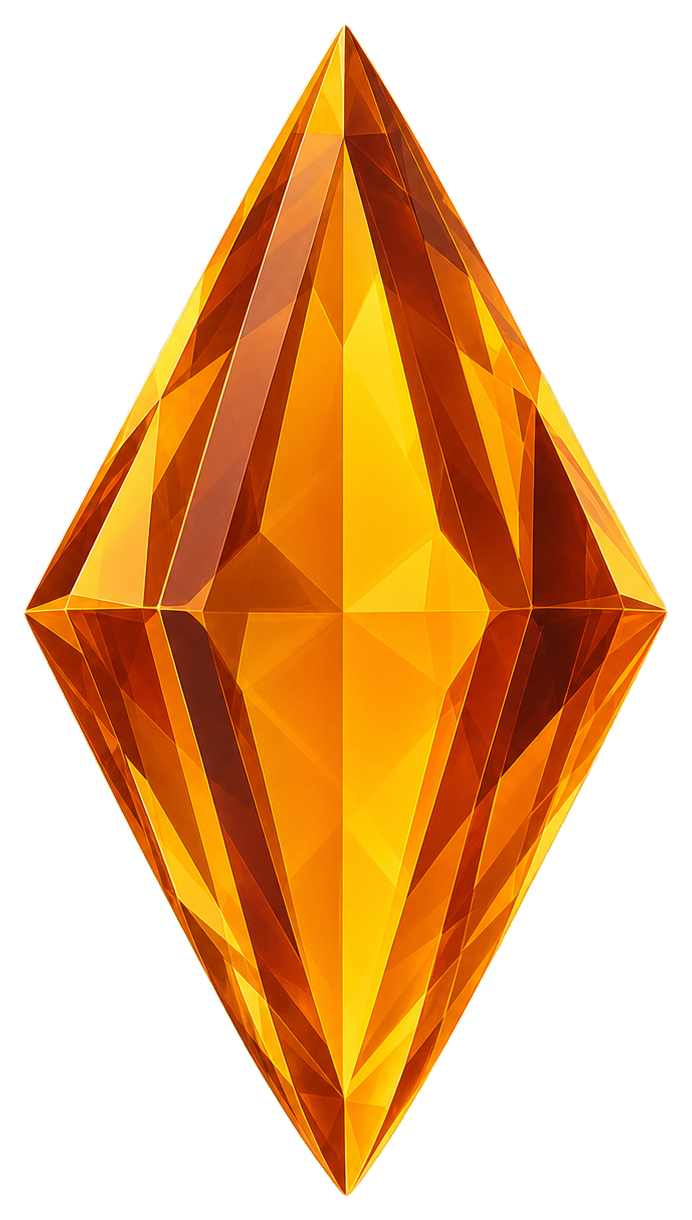 Faceted amber crystal shaped like a tall diamond gem