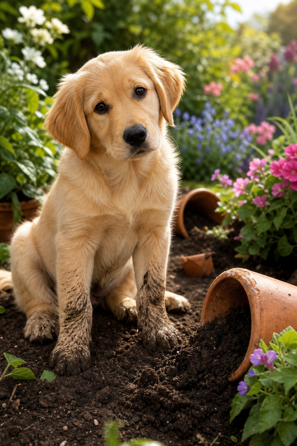 Golden puppy sitting in a garden with muddy paws near flowers and broken pots