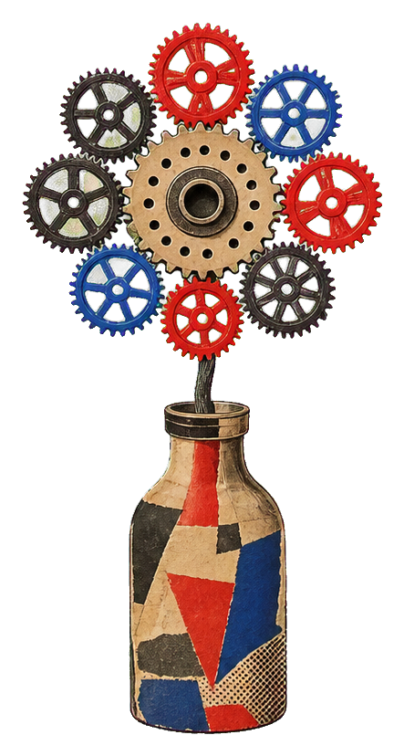 Collage sticker of colorful gears and flowers growing from a patterned bottle