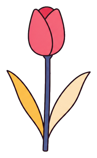 Minimal tulip illustration with pink petals, a dark stem, and two leaves.