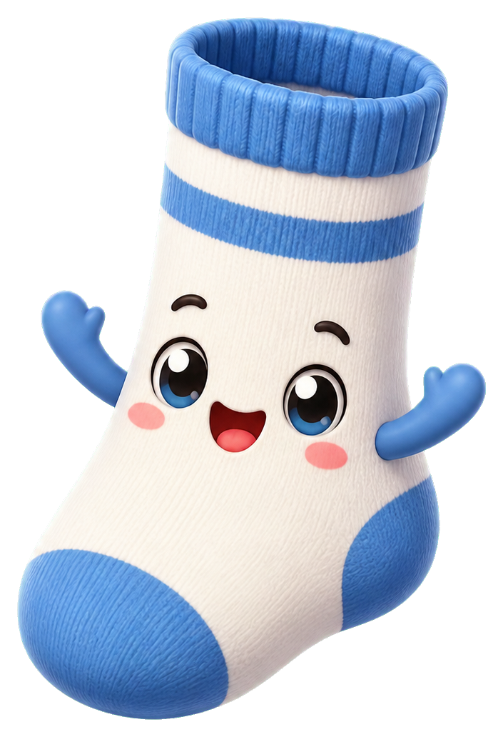 Cute smiling sock mascot sticker with blue stripes and raised arms