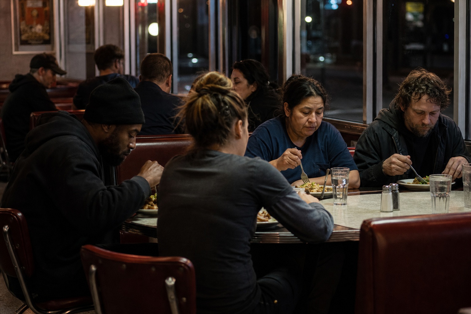 Several people sit around a diner table during a late night meal.