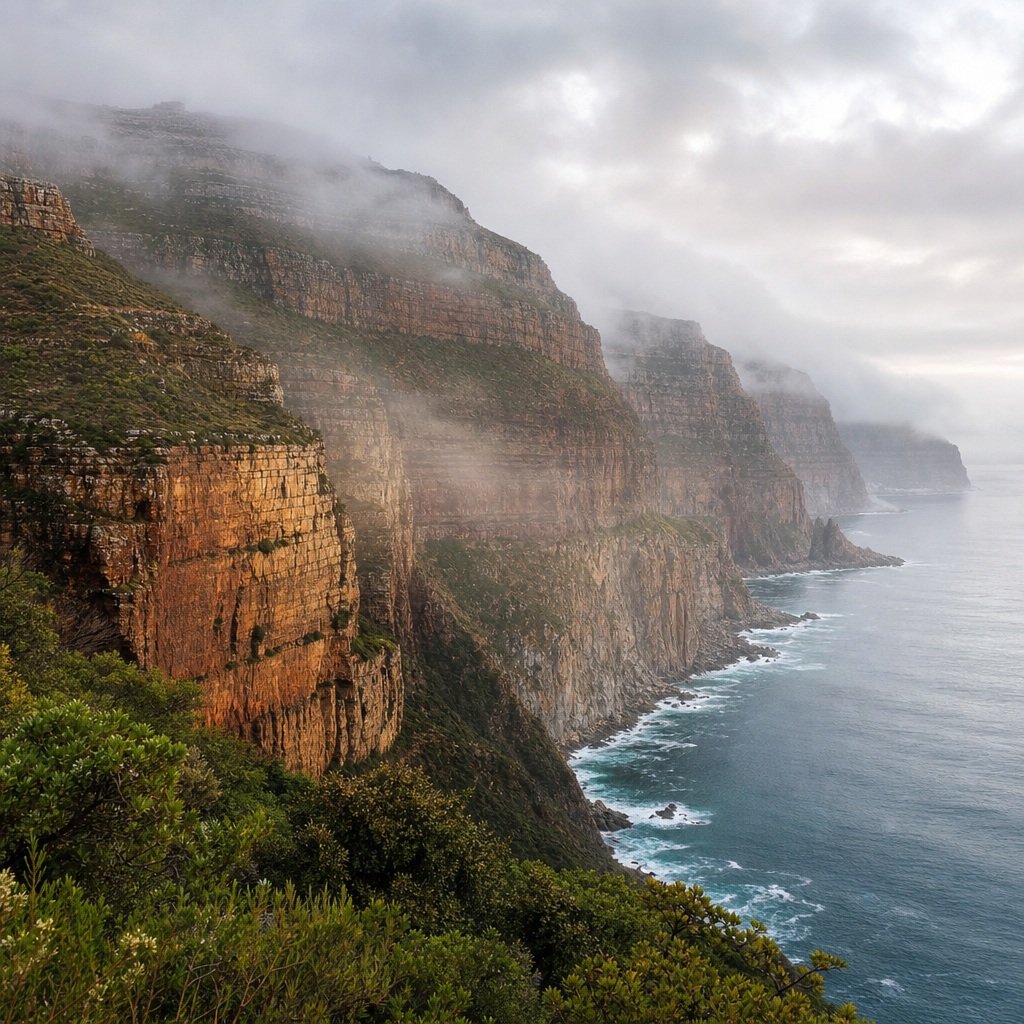 Misty coastal cliffs rising above the ocean with fog and waves below