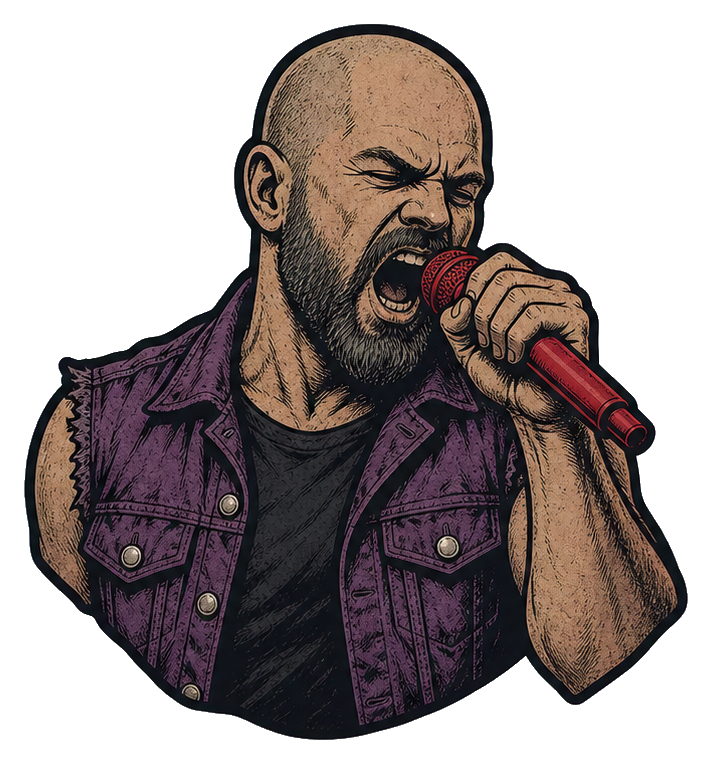 Bald vocalist singing into a handheld microphone with an intense expression.