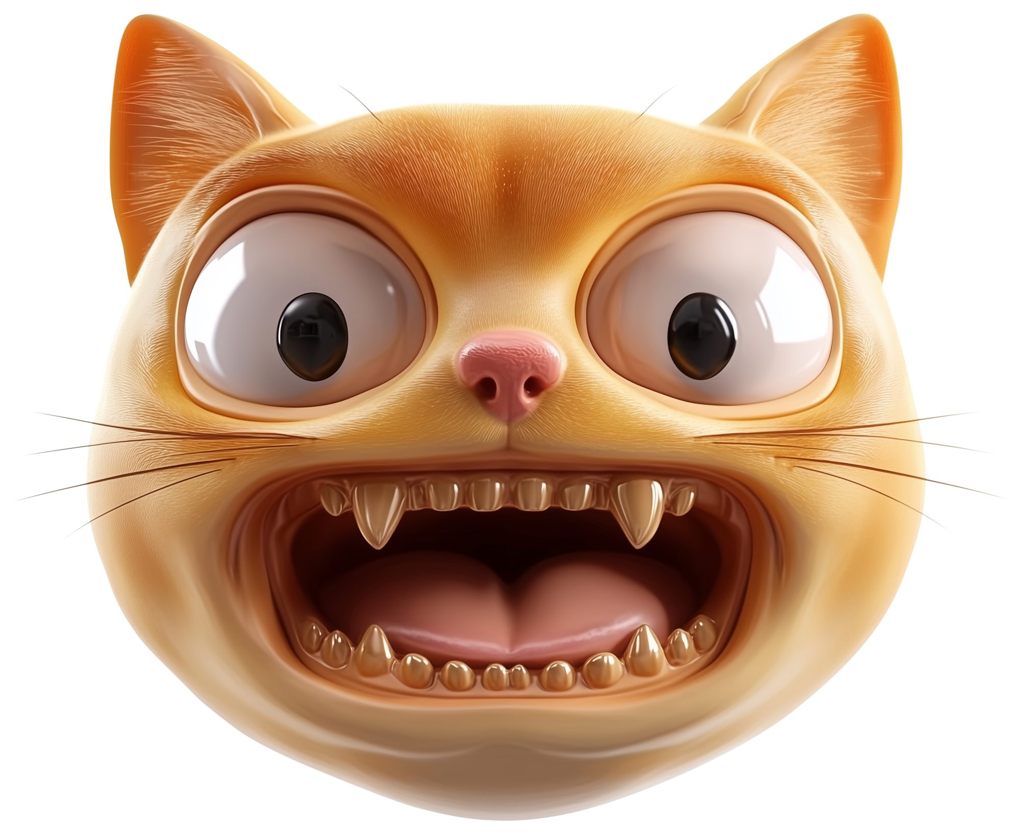 A 3D cartoon cat face with wide eyes and an open mouth, shown as a sticker.