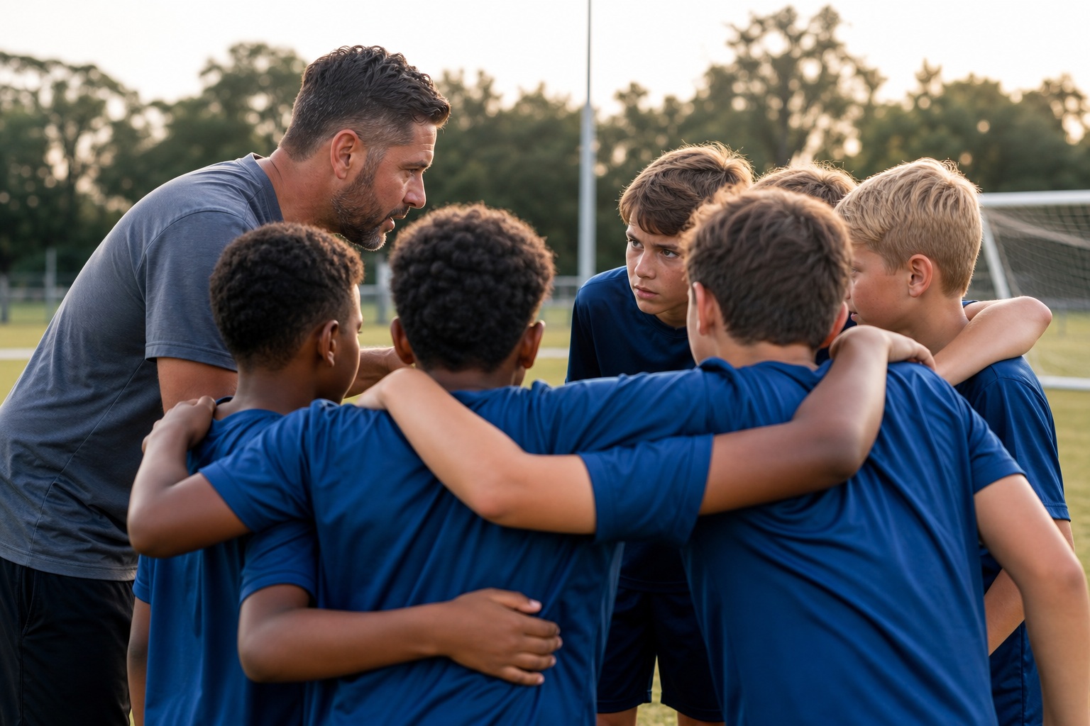 Soccer coach huddles with youth players on a field at sunset.