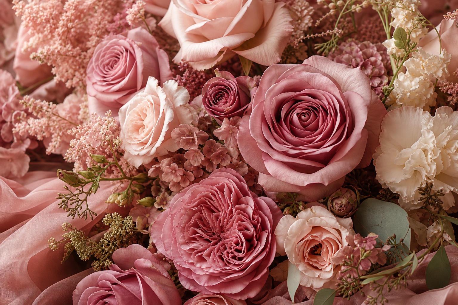 Close-up arrangement of dusty rose roses and soft pink wedding flowers.