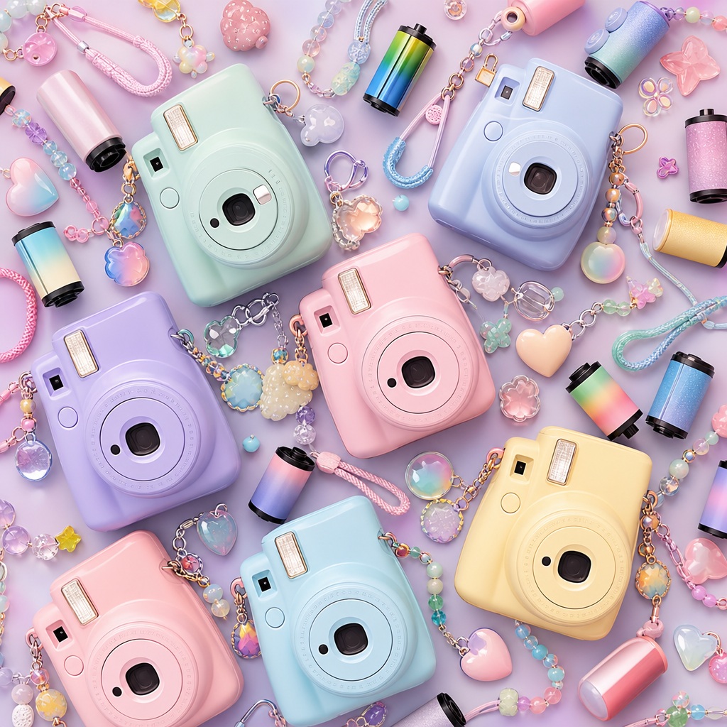 Pastel instant cameras and craft supplies arranged in a cute flatlay pattern.