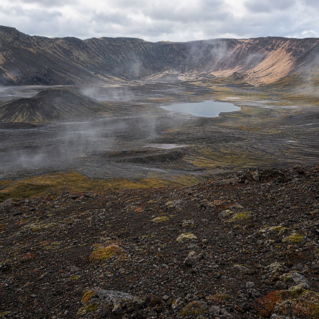 Wide volcanic crater basin with dark basalt slopes, thin mist, and a small central lake.