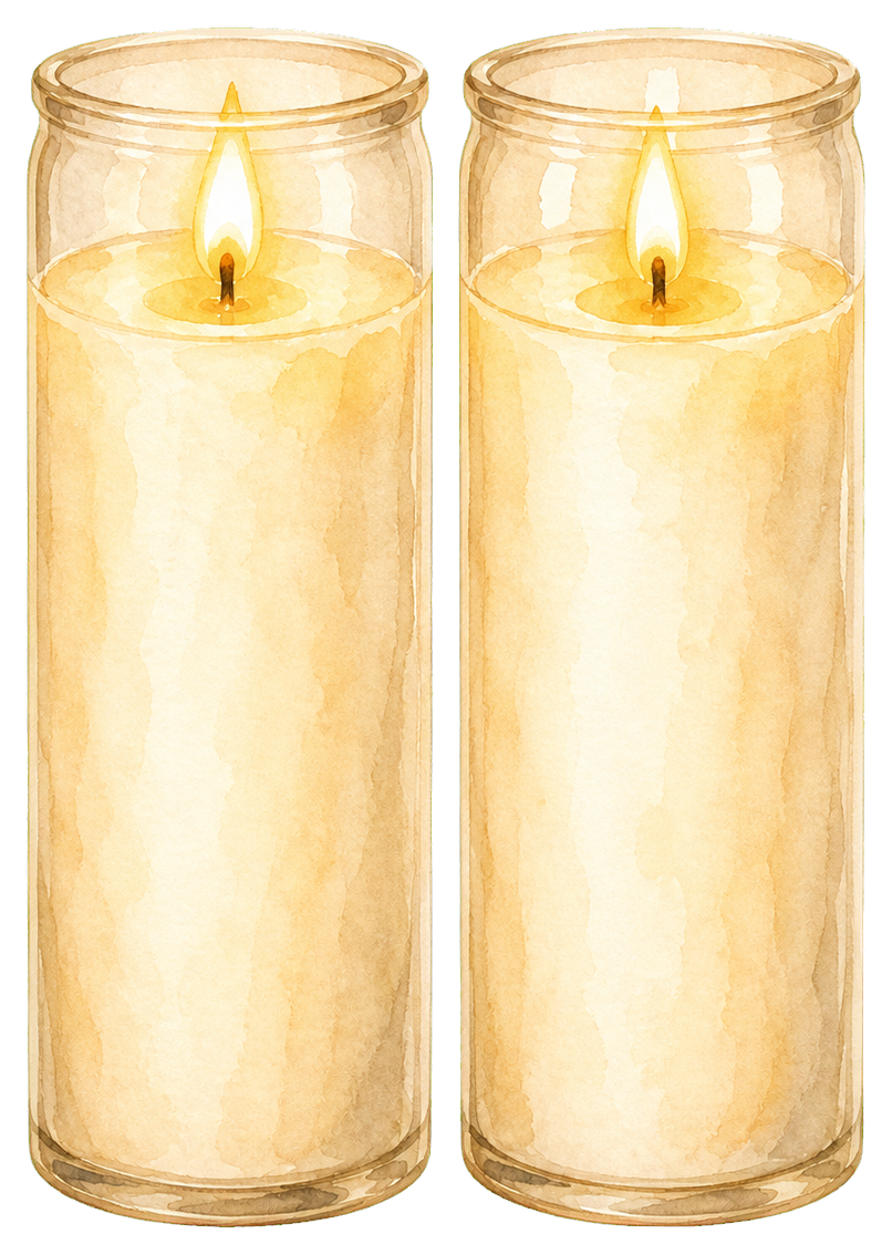 Two lit prayer candles in tall clear glass holders.
