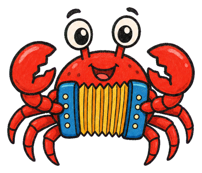 Cartoon crab holding and playing a blue accordion with a cheerful expression.