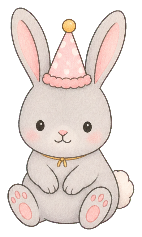 Cute white rabbit wearing a pink party hat and sitting upright.