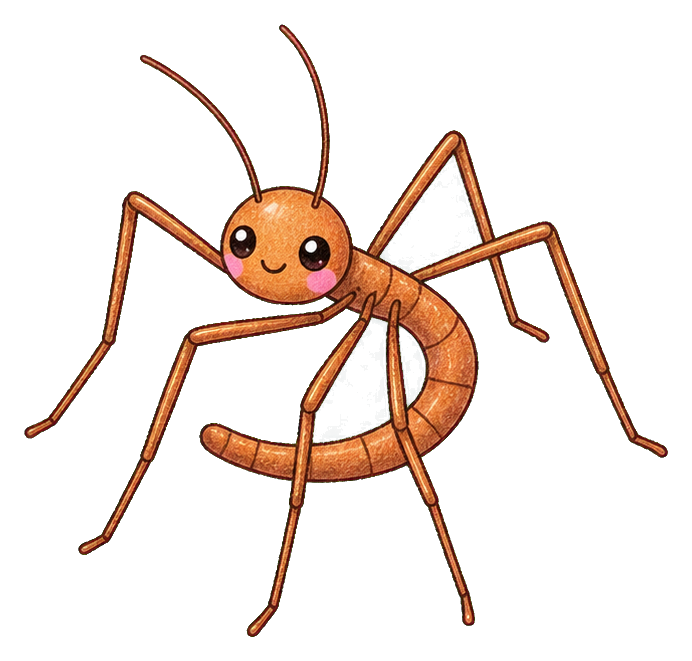 Cute cartoon walking stick insect with long legs and a smiling face