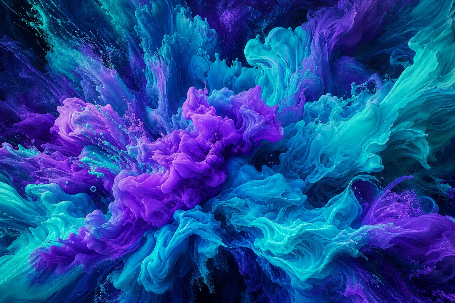 Abstract violet and aqua paint plume expanding across a dark background