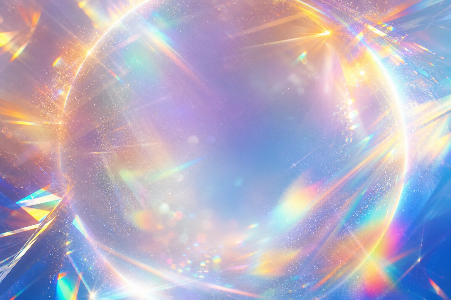 Abstract rainbow prism light with glowing circular halo and soft caustic reflections