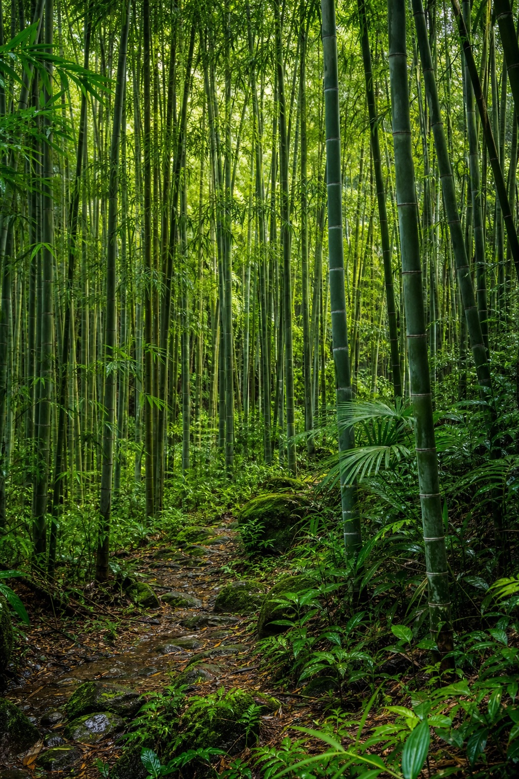 Tall green bamboo stalks lining a narrow forest path after rain.