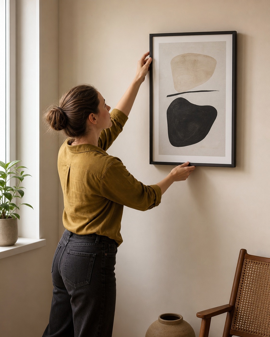 Woman adjusting a framed abstract print on a beige wall in a minimalist room.