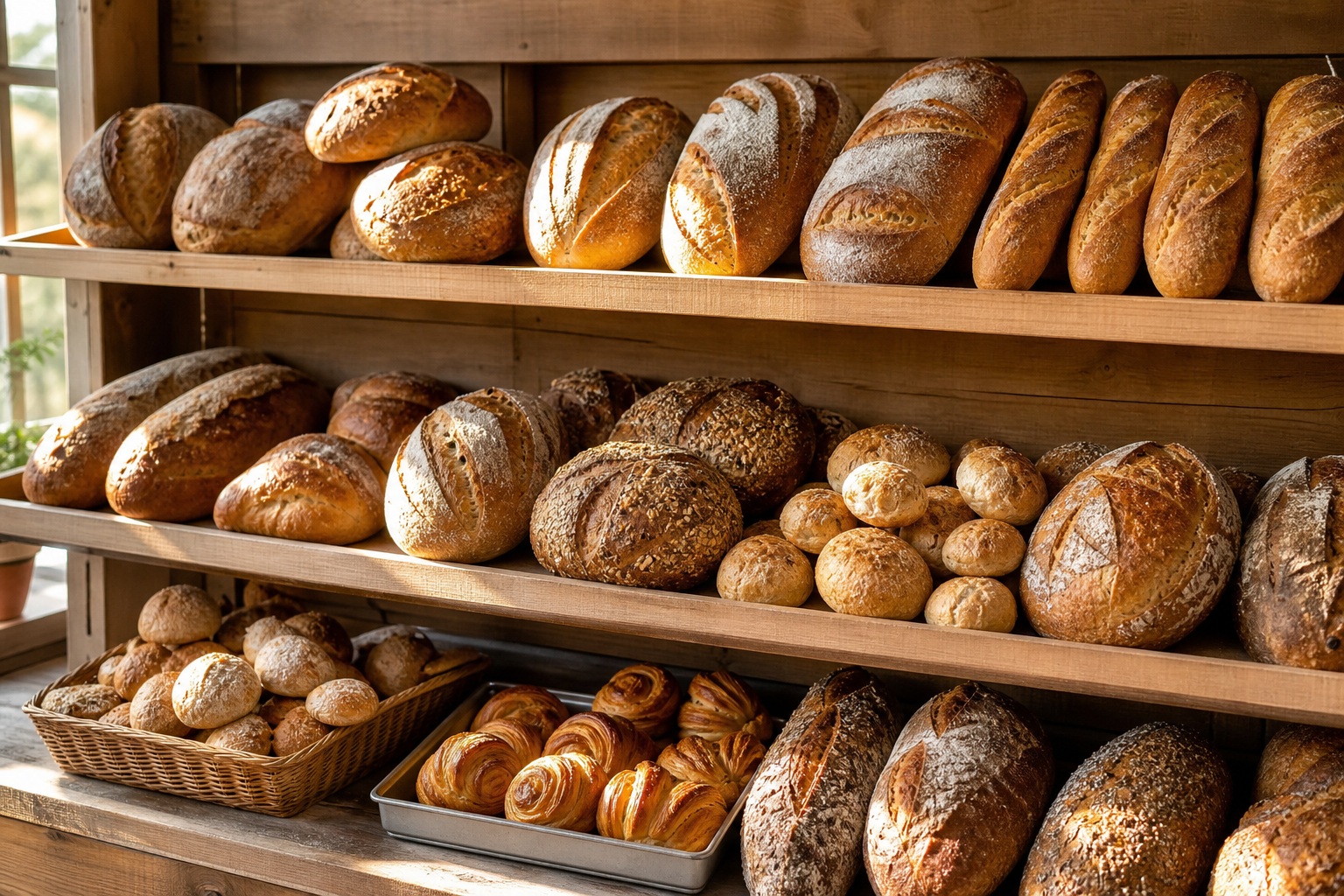 Wooden bakery shelves filled with assorted breads and pastries in warm morning light.