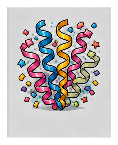 Colorful curled streamers and confetti shapes on a black background.