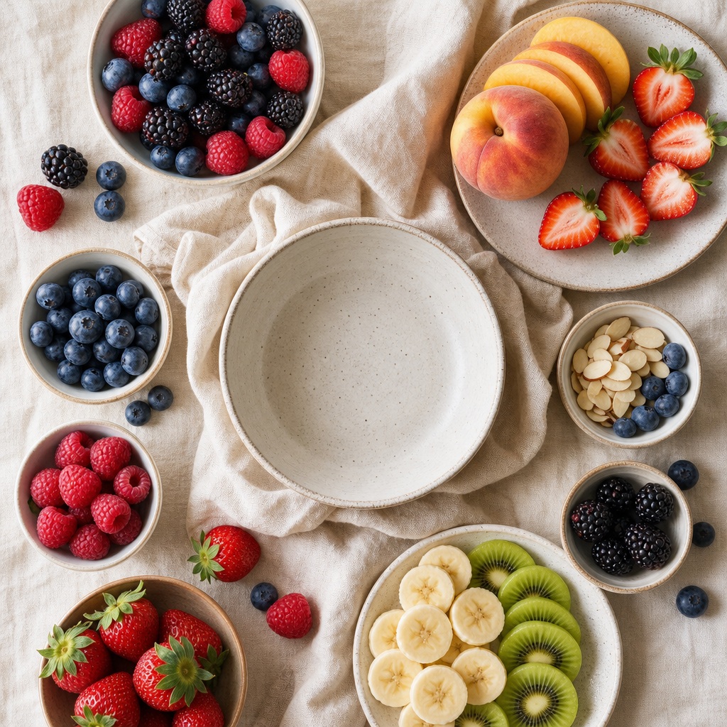 Overhead fruit breakfast flatlay with berries, peaches, bananas, kiwi, and bowls on a neutral tablecloth