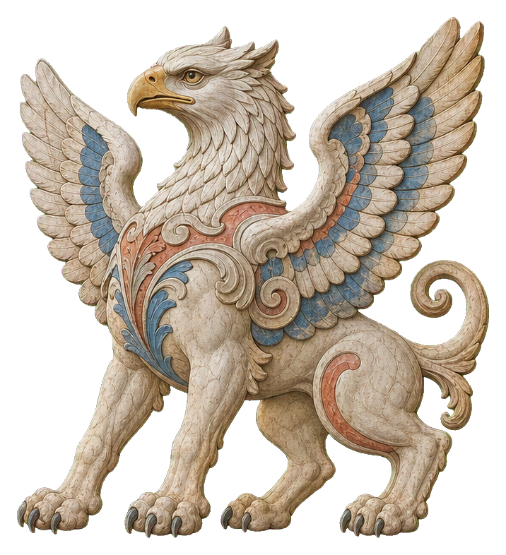 Ornate winged griffin with cream and blue painterly details