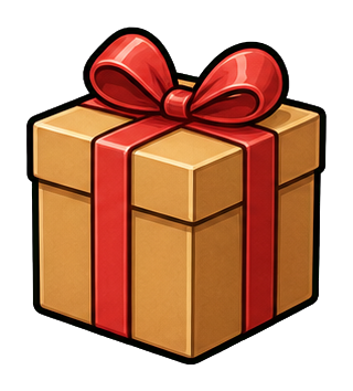 Brown wrapped package with a red ribbon and bow on top