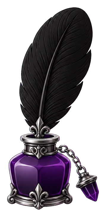 Black raven feather quill standing in a purple ink bottle with a small hanging charm.