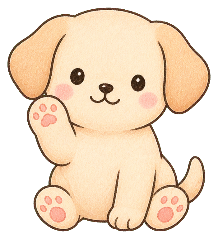 Cute cream puppy waving with raised paw and pink paw pads