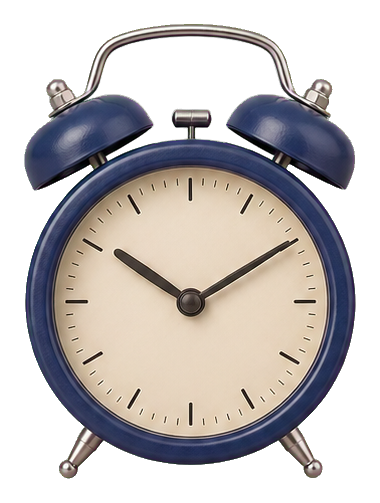 Blue twin-bell alarm clock with cream face and metal legs.