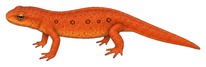 Orange eastern newt eft with a long tail and spotted body, shown as a sticker graphic.