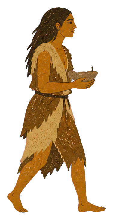 A prehistoric woman walking and holding a bowl in a cave-painting style.