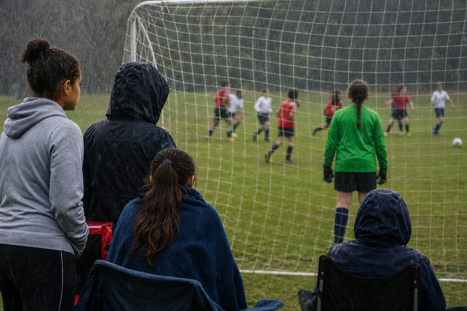 People watching a rainy youth soccer match through a goal net from the sideline