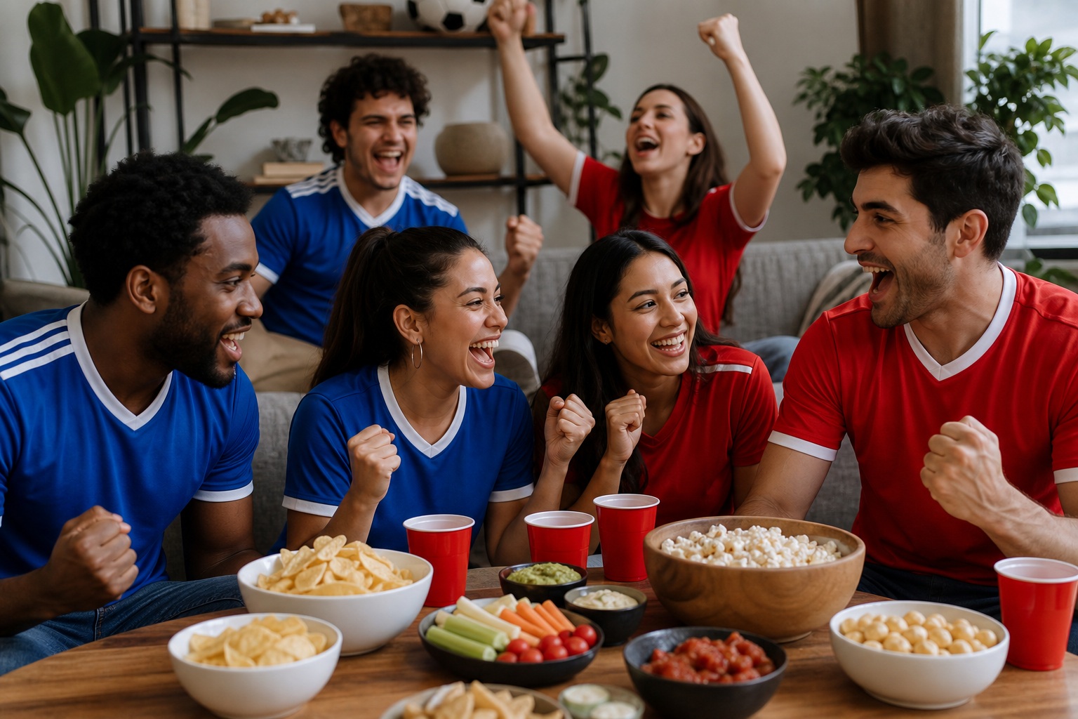 Group of soccer fans cheering around bowls of snacks during a home viewing party