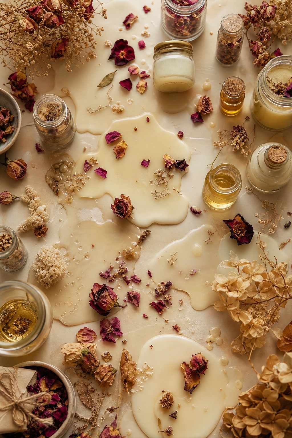 Overhead flatlay of wax, dried flowers, and small jars on a beige surface