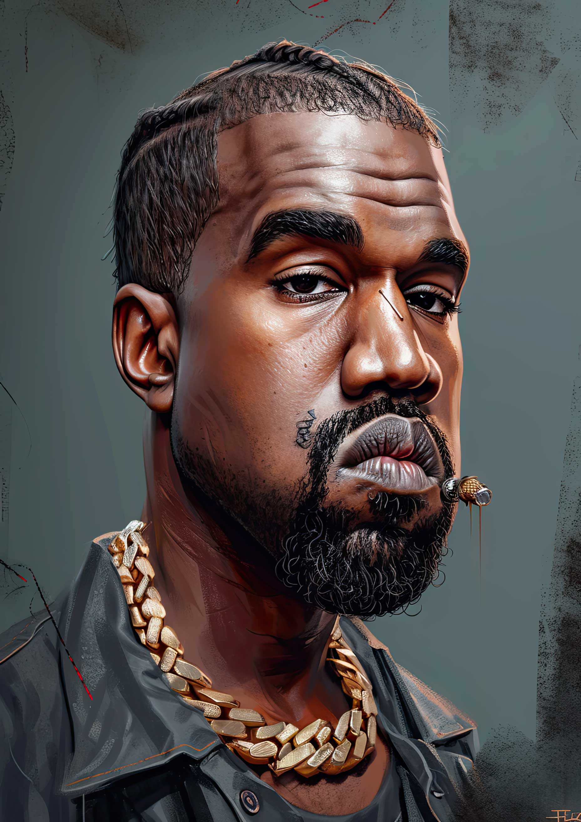 Kanye West portrait with gold chain and cigarette