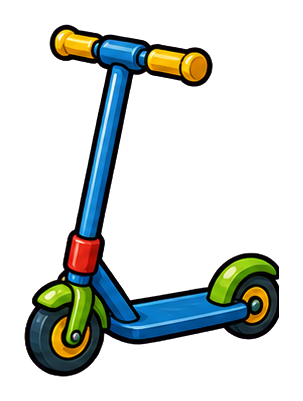 Blue and green toy scooter with yellow handlebars and red accents