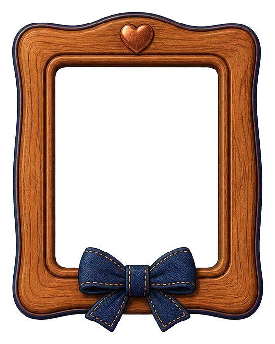 Wooden picture frame sticker with a small heart at top and blue bow at bottom
