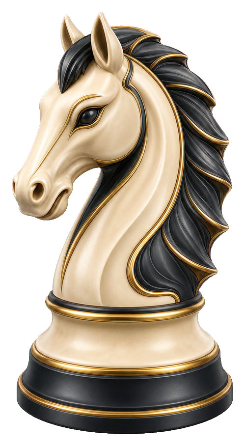 Gold and black chess knight piece on a pedestal